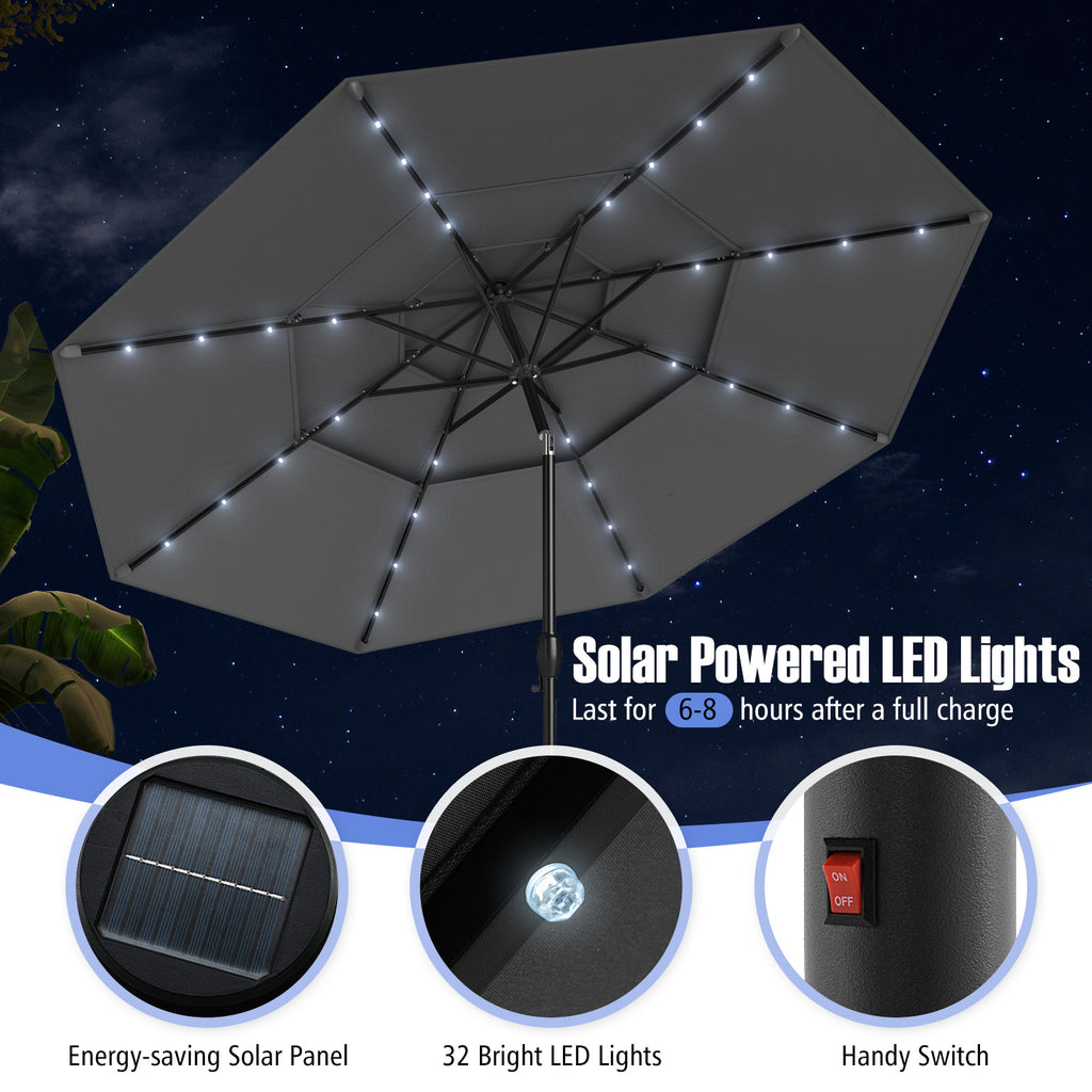 10 FT Solar Patio Umbrella with 32 LED Lights, 3-Tier, Gray