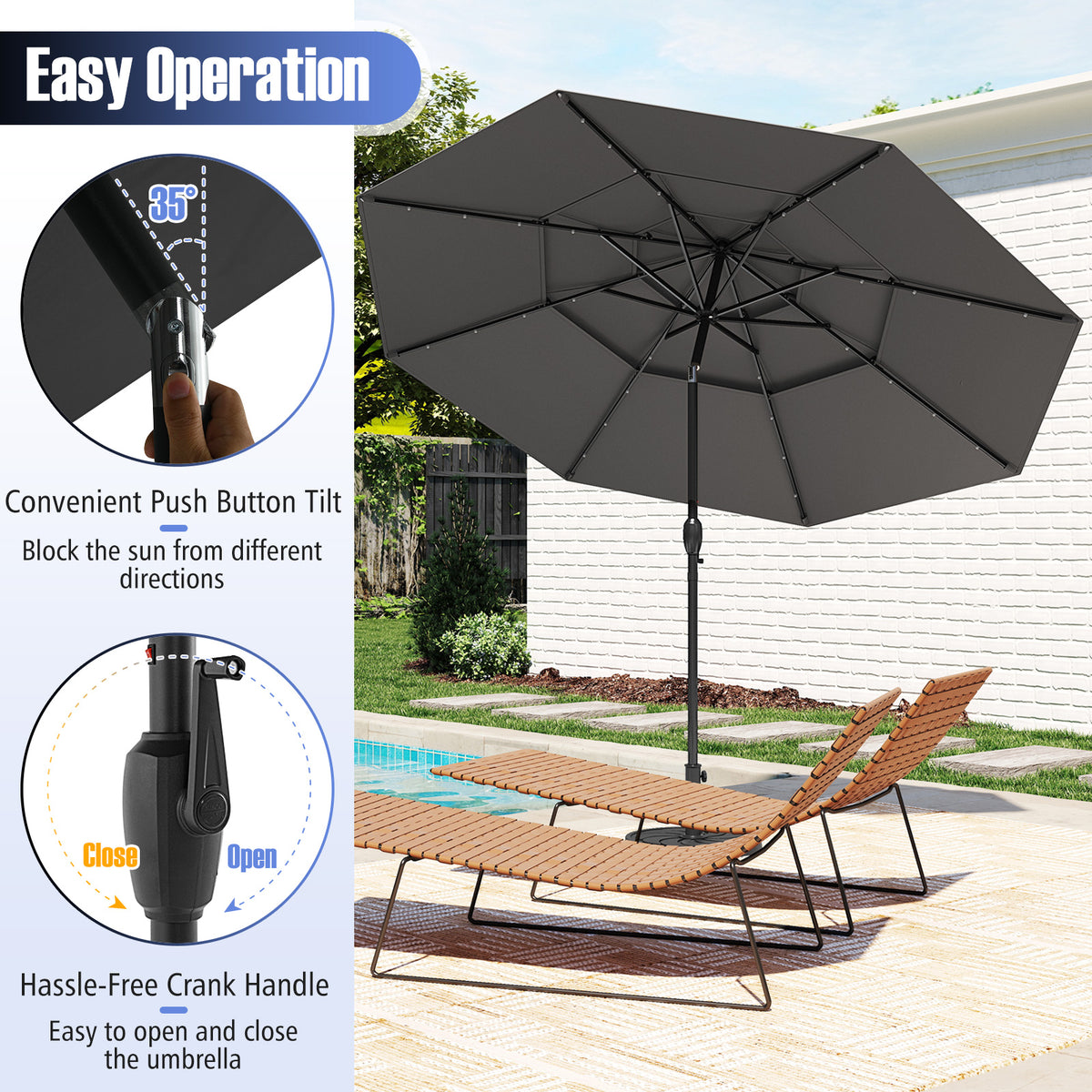 10 FT Solar Patio Umbrella with 32 LED Lights, 3-Tier, Gray