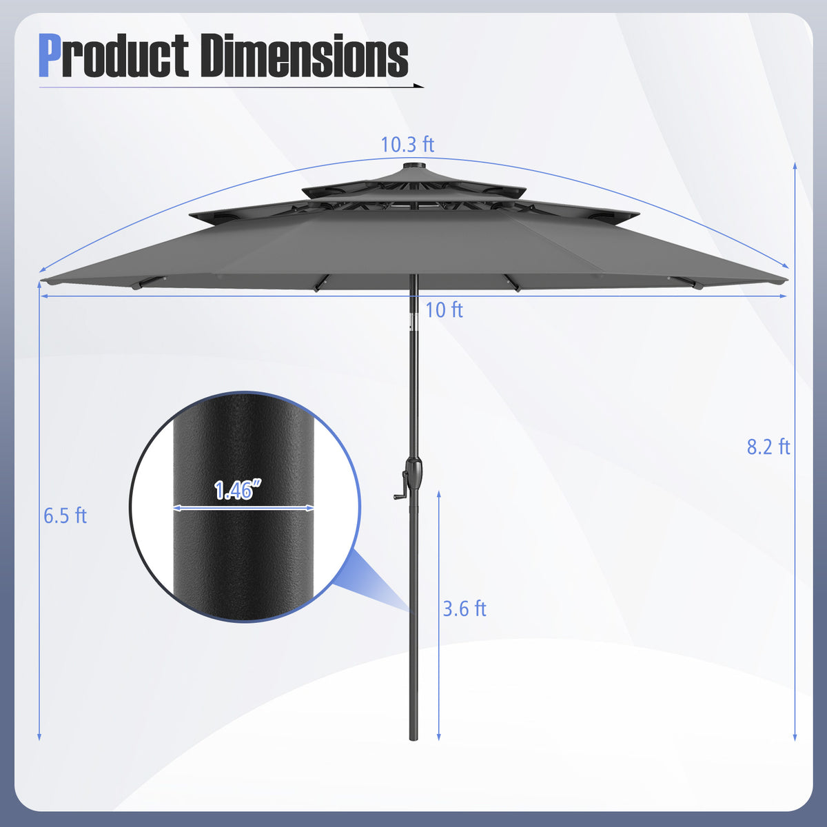 10 FT Solar Patio Umbrella with 32 LED Lights, 3-Tier, Gray