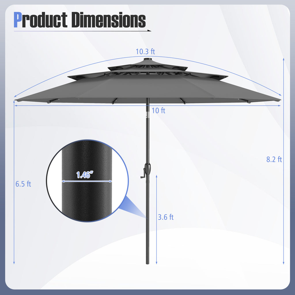 10 Feet Solar Patio Umbrella with 32 LED Lights 3-Tier Vented Top