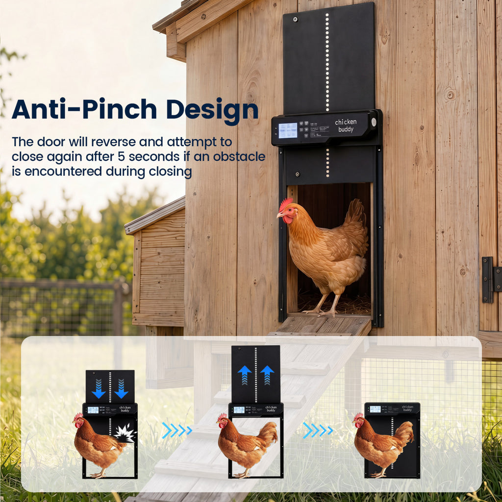 Solar Powered Automatic Chicken Coop Door - Anti-Pinch, Light & Time Modes, USB & Solar Charging