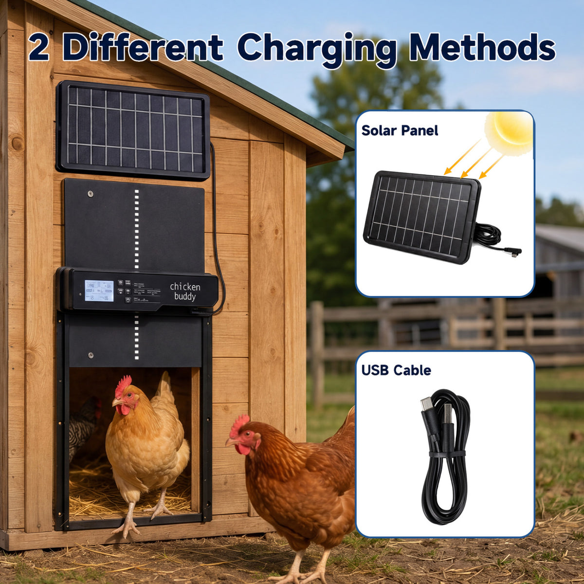 Solar Powered Automatic Chicken Coop Door - Anti-Pinch, Light & Time Modes, USB & Solar Charging