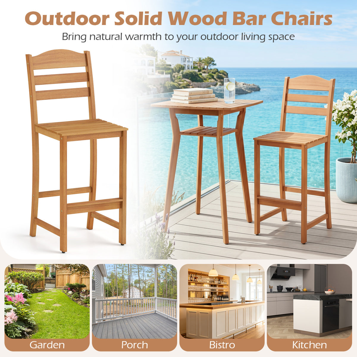 Solid Acacia Wood Bar Stools Heavy-duty Outdoor Barstools with 400