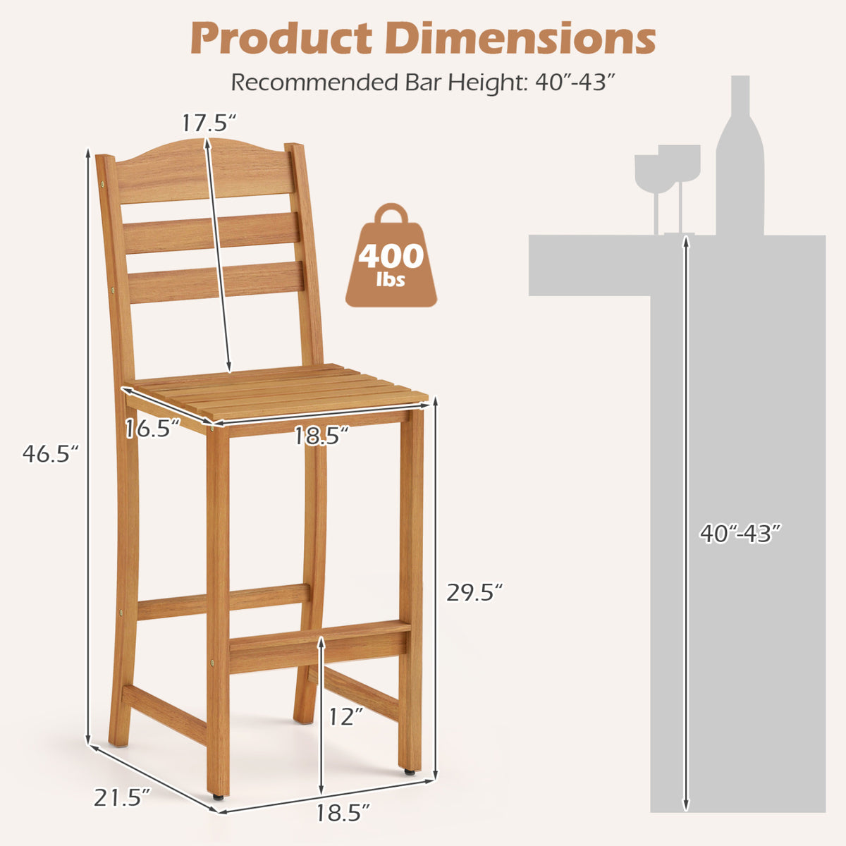 Solid Acacia Wood Bar Stools Heavy-duty Outdoor Barstools with 400