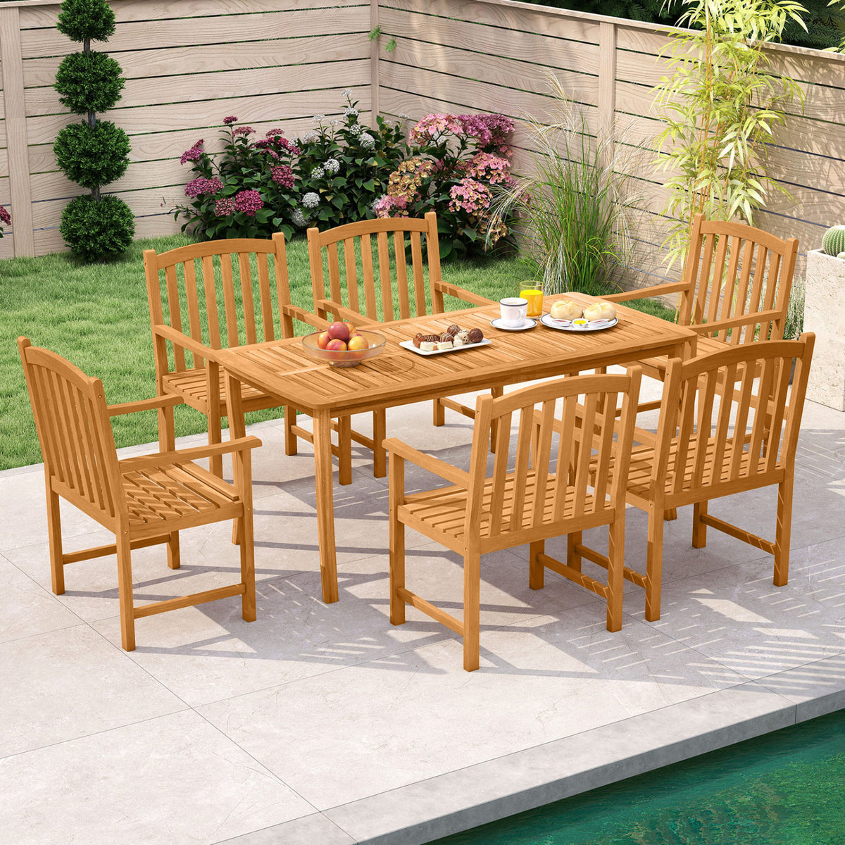 Acacia Wood Patio Chairs Set of 2 – Slatted Seat & Armrests