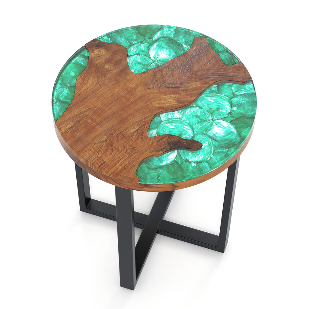 Solid Teak Wood Round Outdoor End Table with Epoxy Resin Tabletop