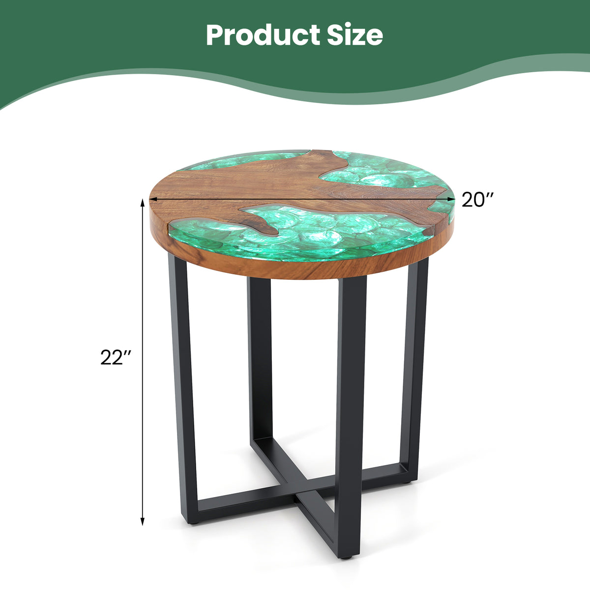 Solid Teak Wood Round Outdoor End Table with Epoxy Resin Tabletop