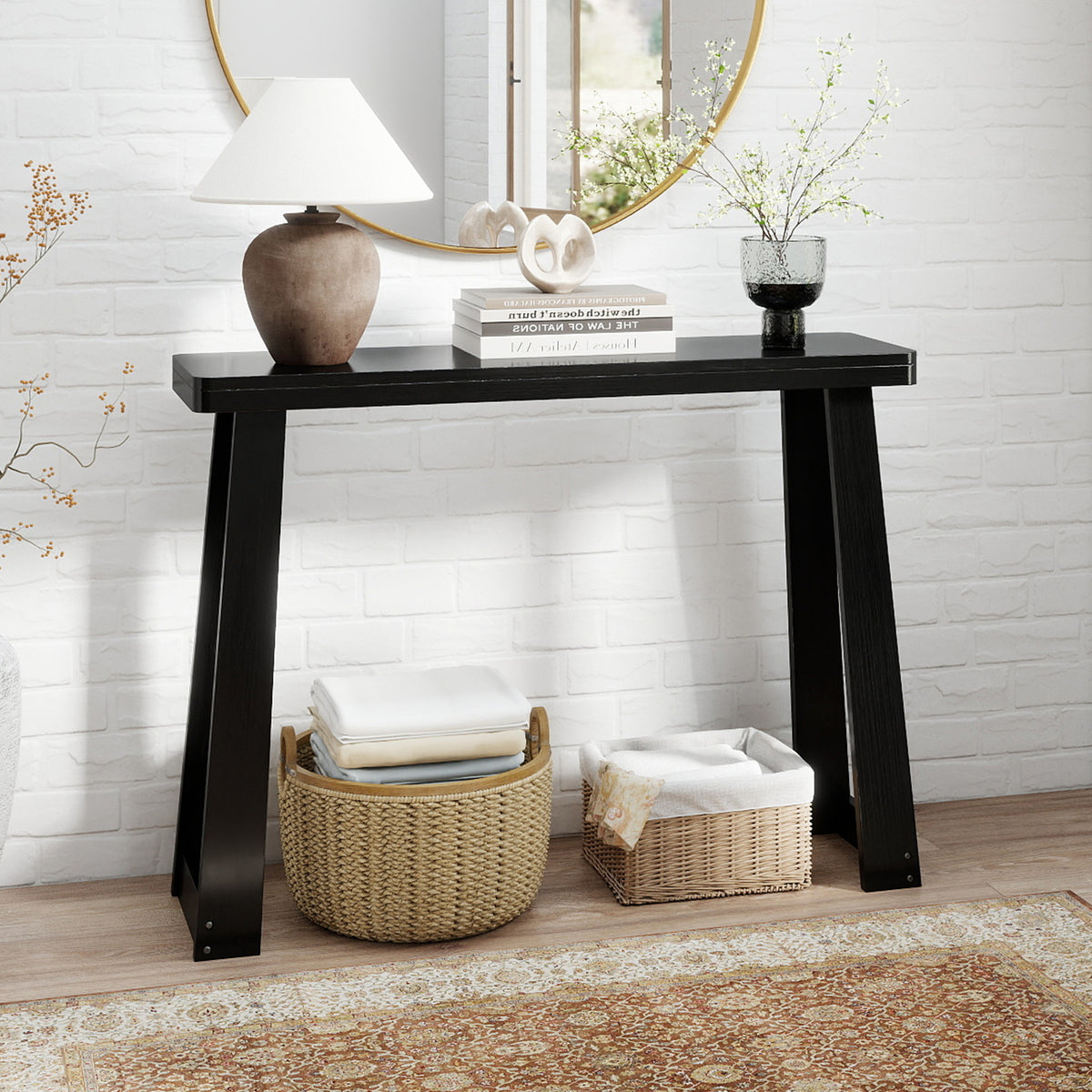 43" Console Table Narrow Entryway Black - Solid Rubber Wood