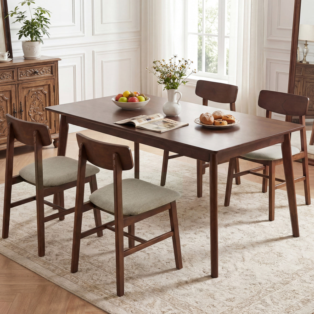 Walnut Dining Chairs Set of 4 - Solid Rubberwood with Curved Backrest