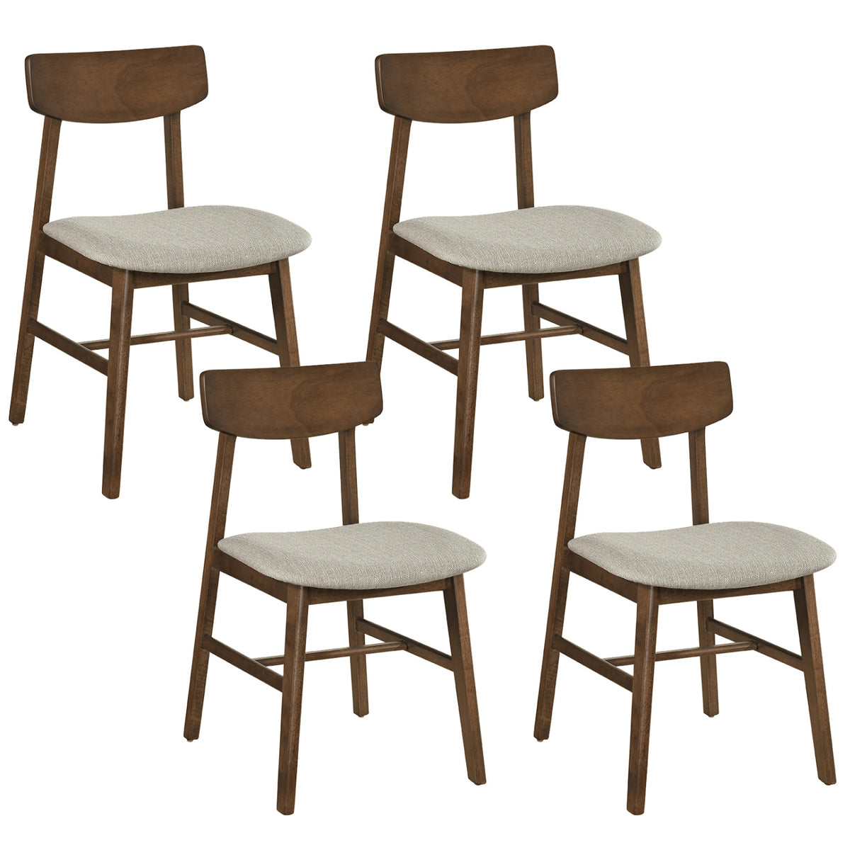 Walnut Dining Chairs Set of 4 - Solid Rubberwood with Curved Backrest