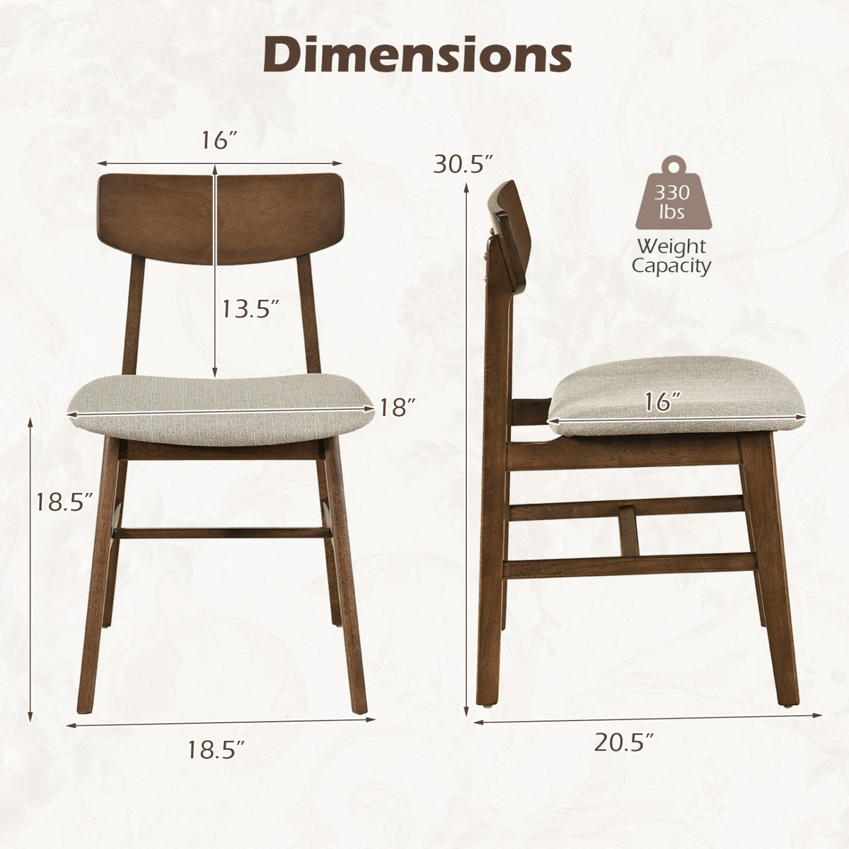 Walnut Dining Chairs Set of 4 - Solid Rubberwood with Curved Backrest