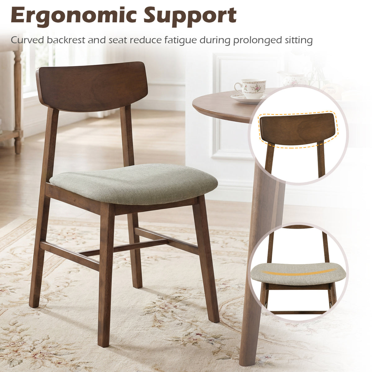 Walnut Dining Chairs Set of 4 - Solid Rubberwood with Curved Backrest