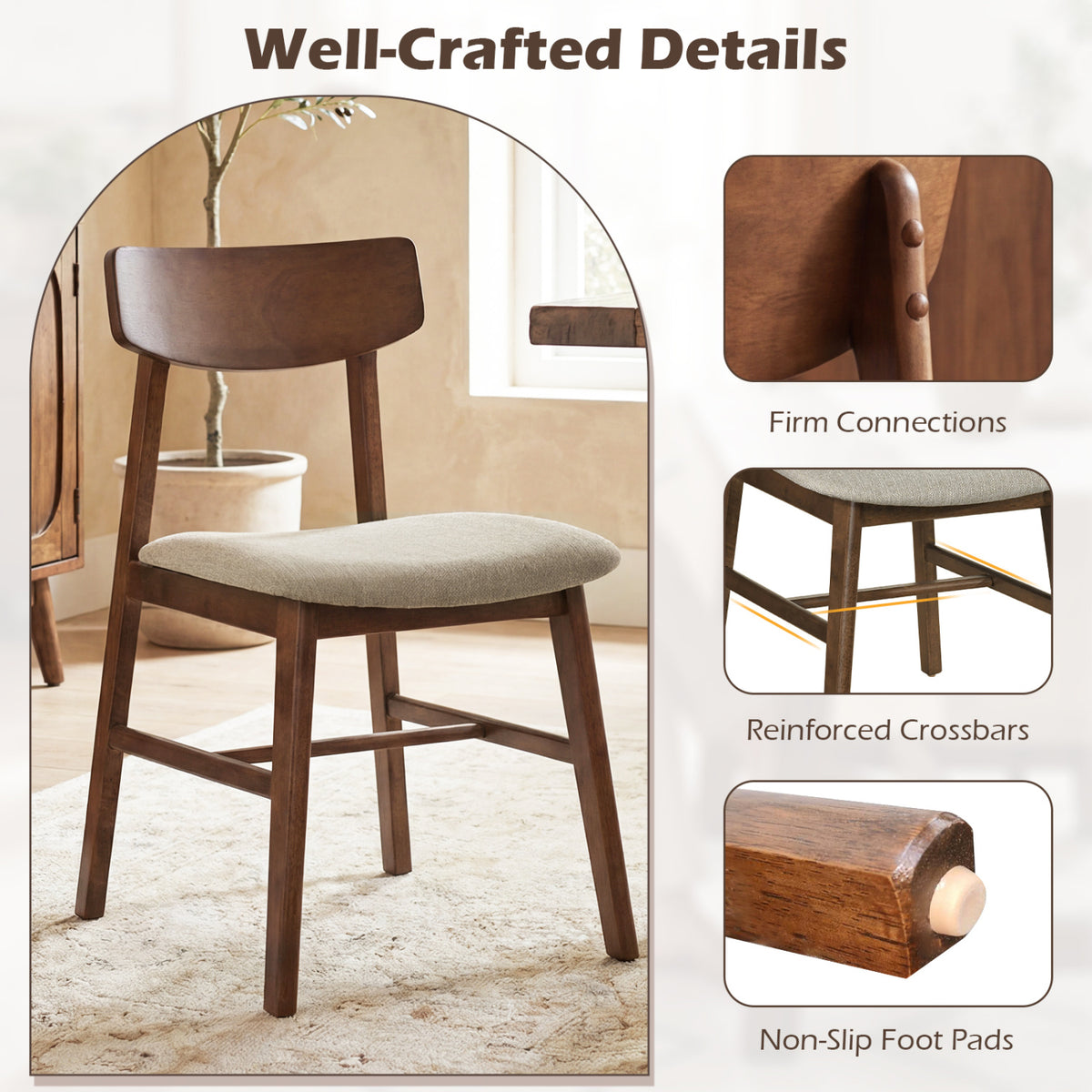 Walnut Dining Chairs Set of 4 - Solid Rubberwood with Curved Backrest