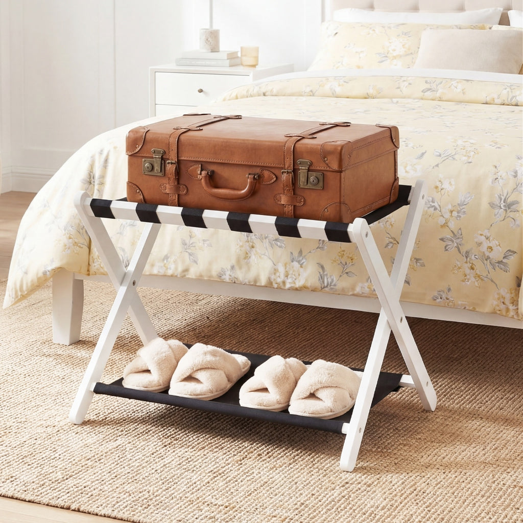 Solid Rubberwood Folding Luggage Rack with Nylon Shelves - Black & White