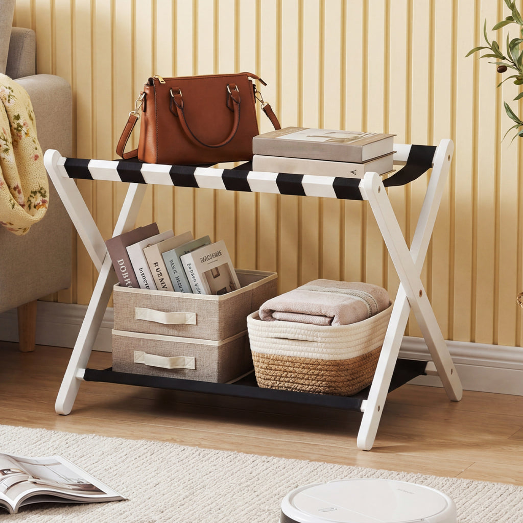Solid Rubberwood Folding Luggage Rack with Nylon Shelves - Black & White
