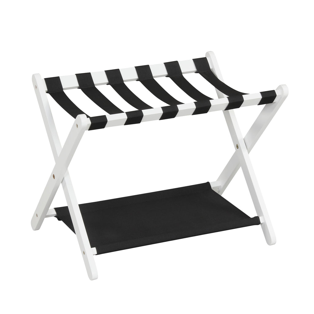 Solid Rubberwood Folding Luggage Rack with Nylon Shelves - Black & White