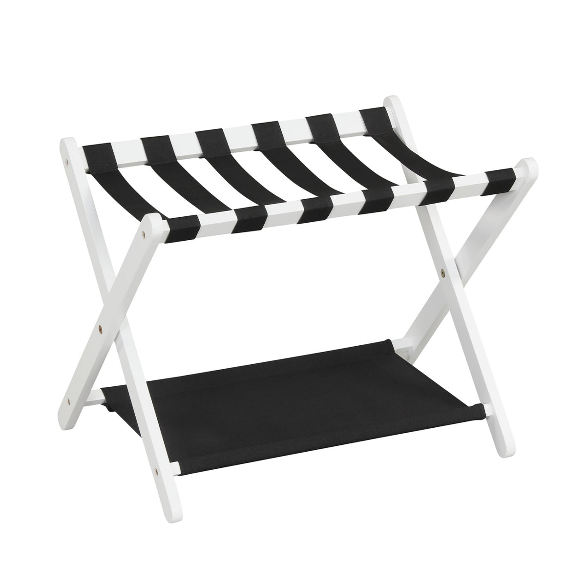 Solid Rubberwood Folding Luggage Rack with Nylon Shelves - Black & White