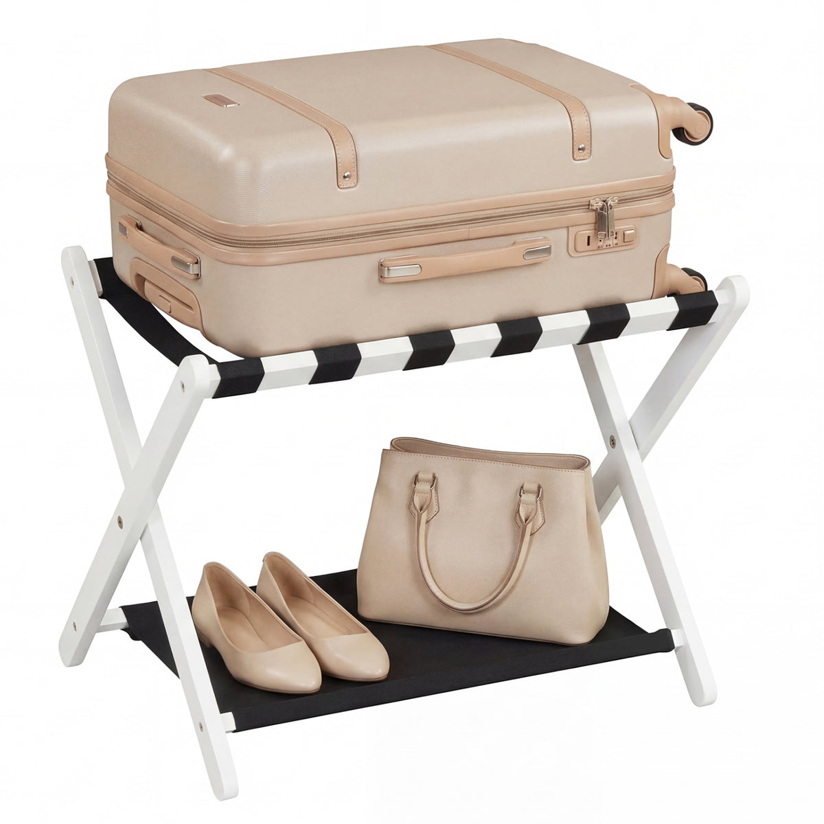 Solid Rubberwood Folding Luggage Rack with Nylon Shelves - Black & White