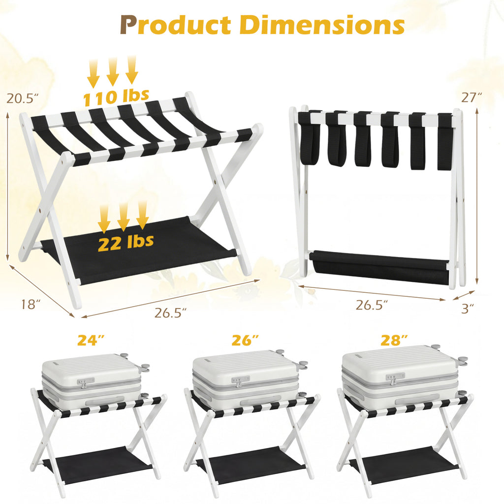 Solid Rubberwood Folding Luggage Rack with Nylon Shelves - Black & White
