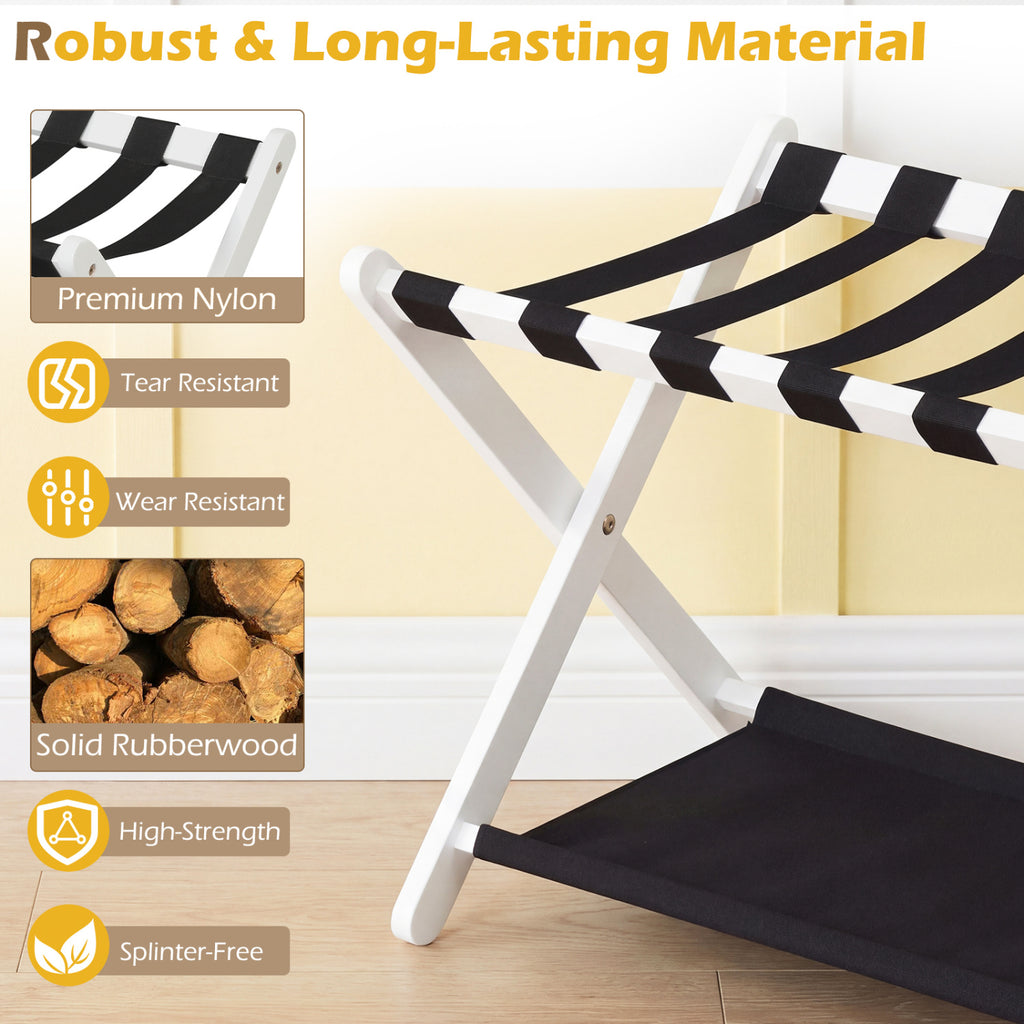 Solid Rubberwood Folding Luggage Rack with Nylon Shelves - Black & White
