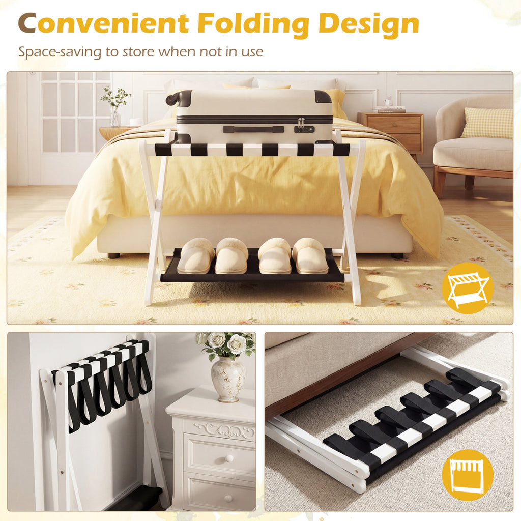 Solid Rubberwood Folding Luggage Rack with Nylon Shelves - Black & White