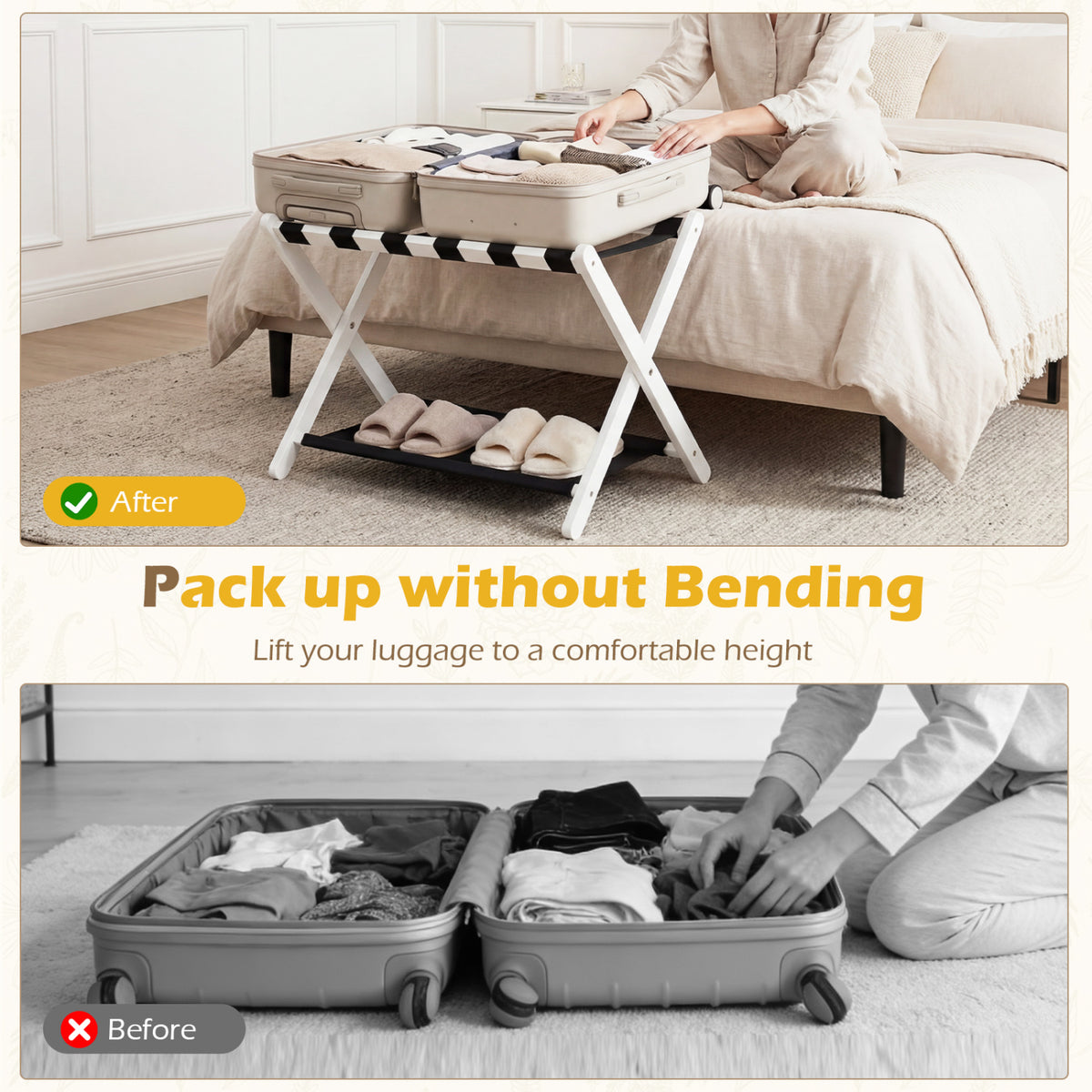 Solid Rubberwood Folding Luggage Rack with Nylon Shelves - Black & White
