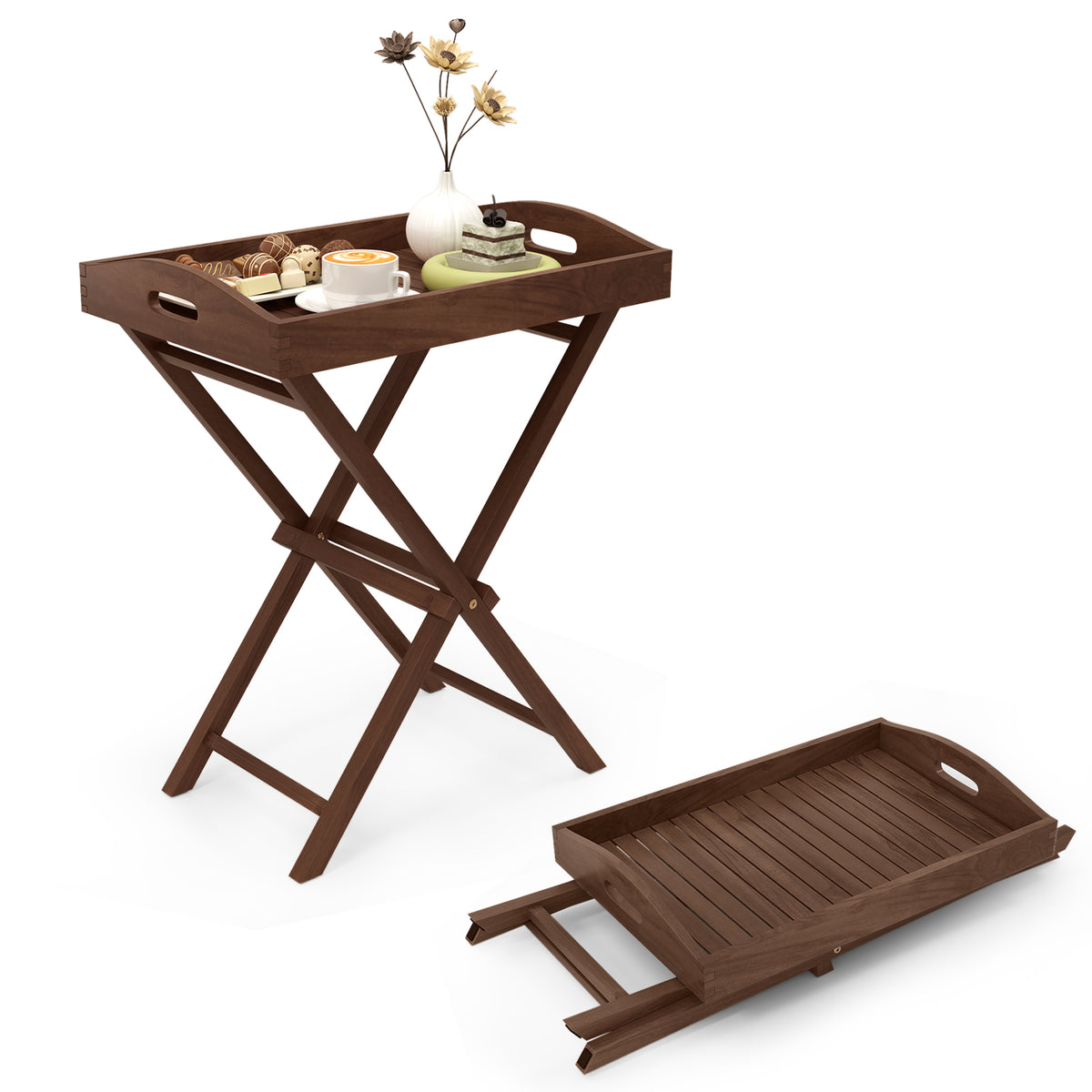 Solid Teak Wood Tray Table with Removable Top for Patio and Garden