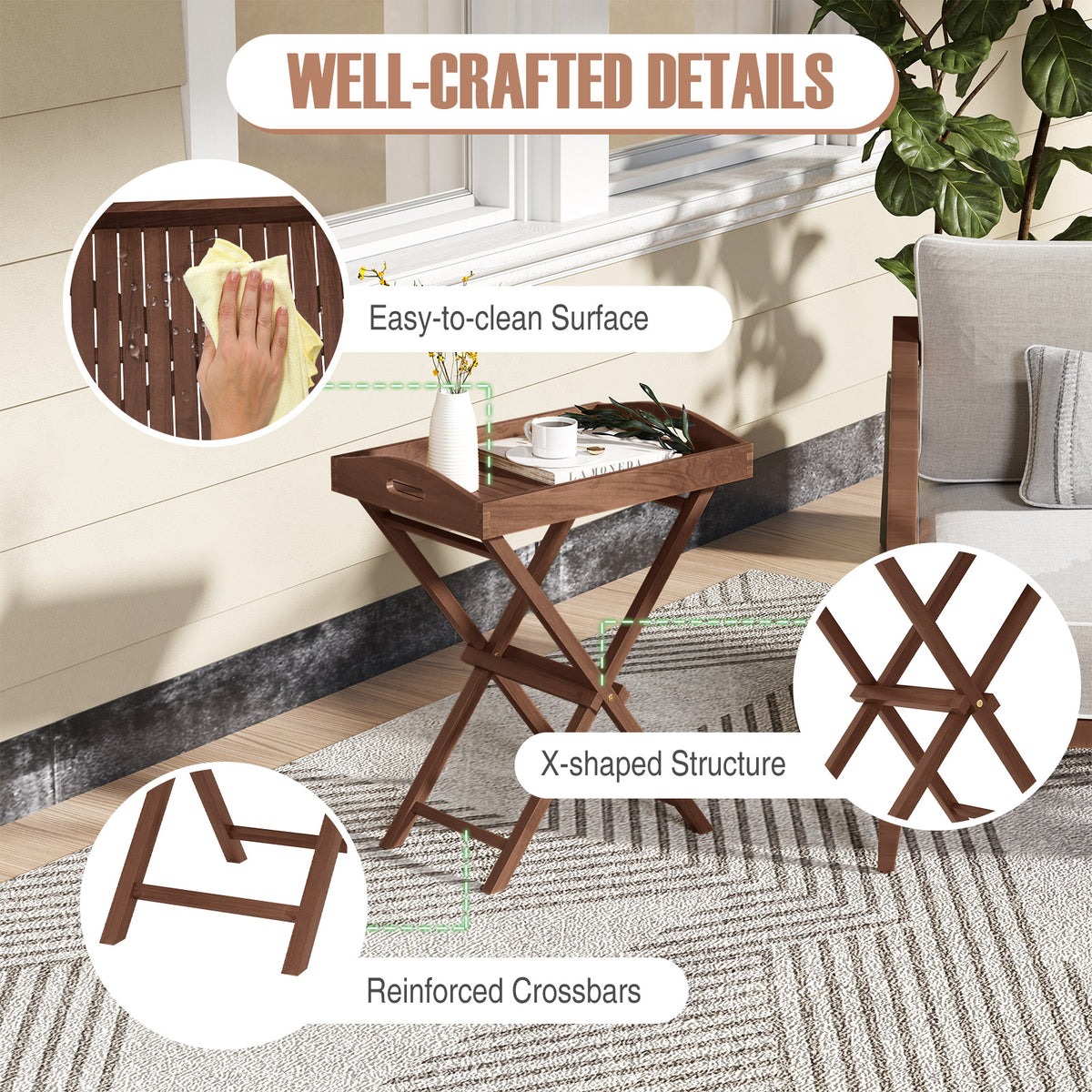 Solid Teak Wood Tray Table with Removable Top for Patio and Garden