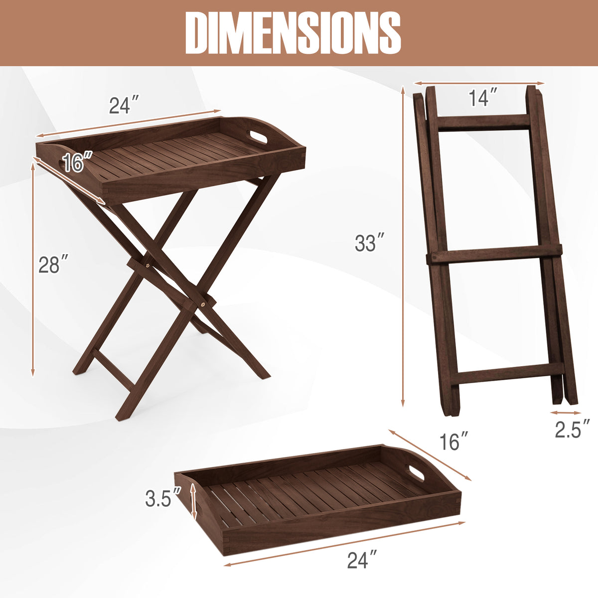 Solid Teak Wood Tray Table with Removable Top for Patio and Garden