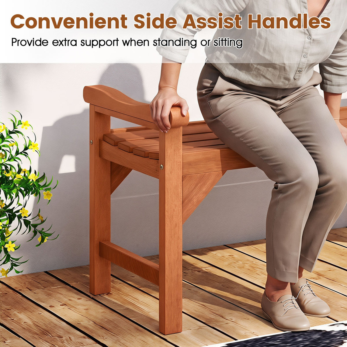 Solid Wood Backless Garden Bench with Support Handles and Curved