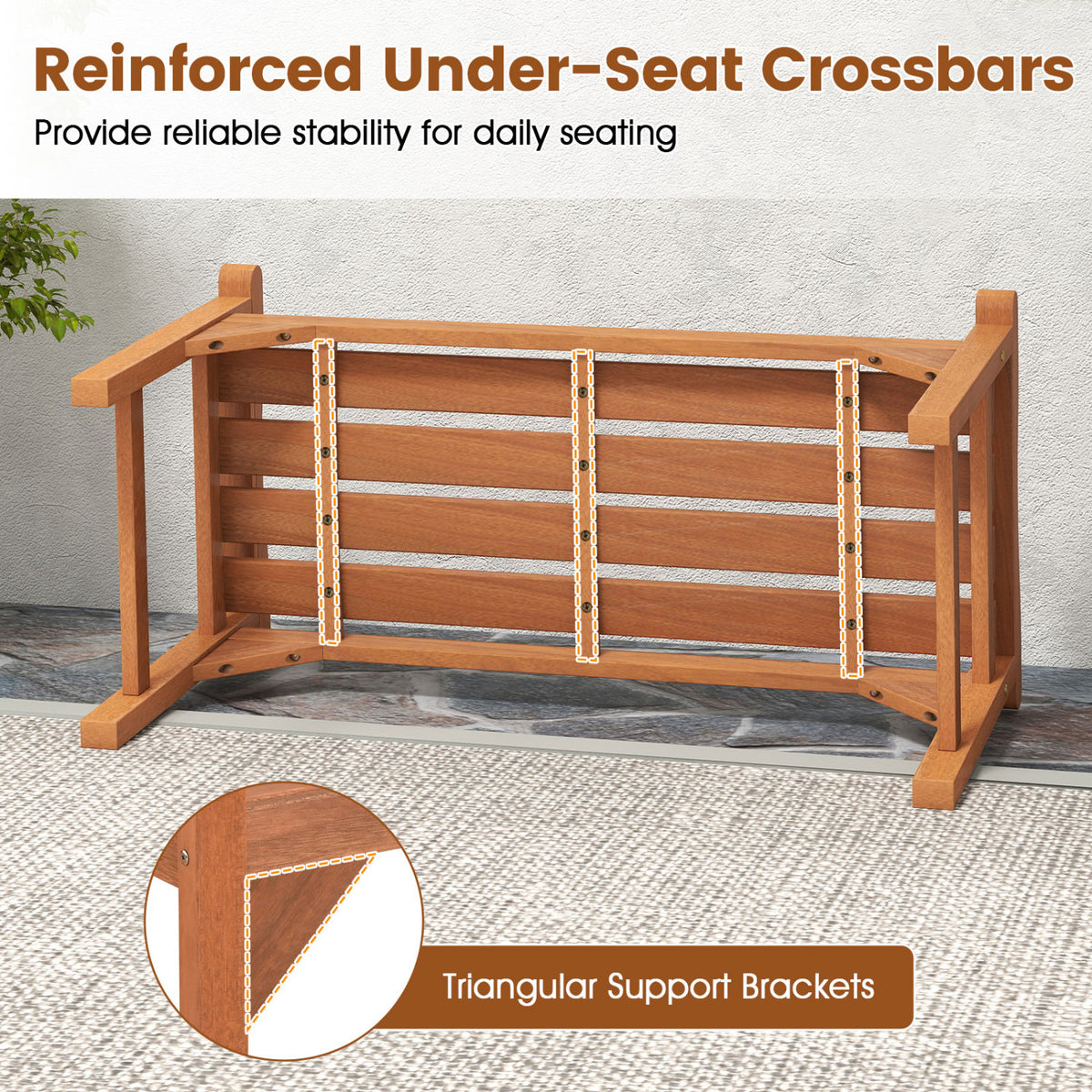 Solid Wood Backless Garden Bench with Support Handles and Curved