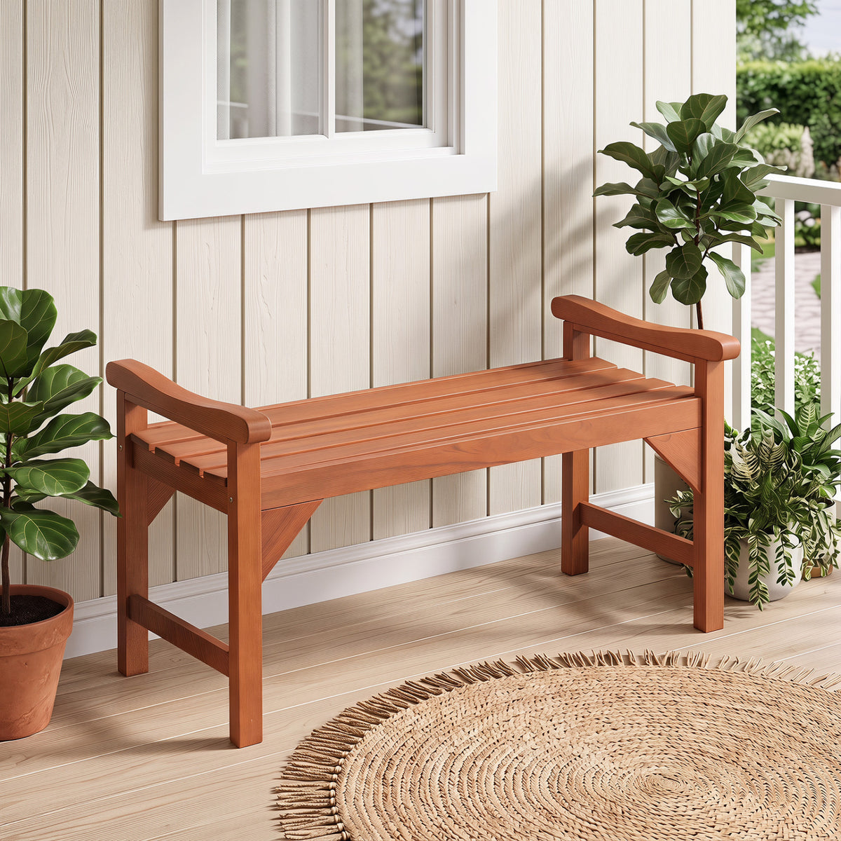 Solid Wood Backless Garden Bench with Support Handles and Curved