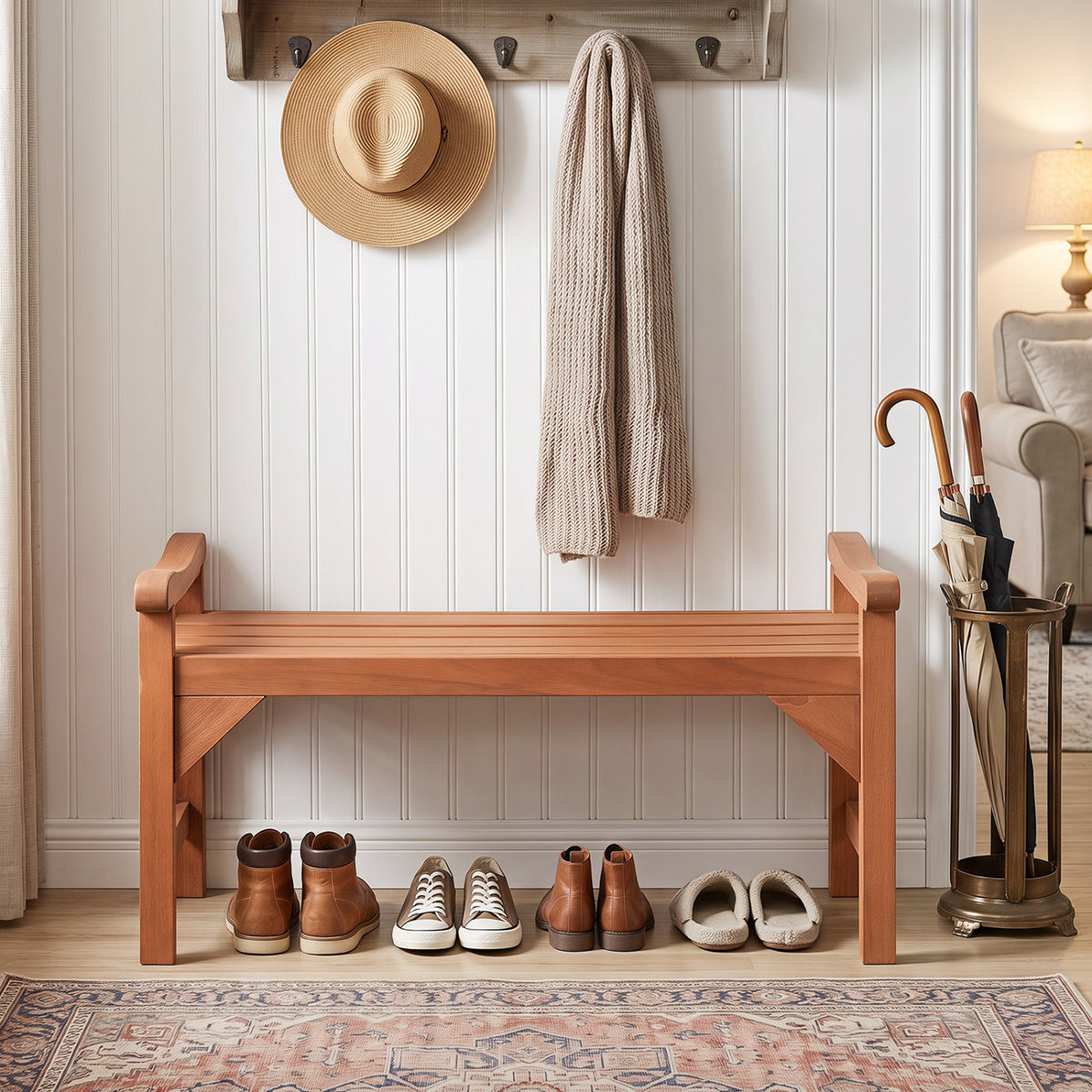 Solid Wood Backless Garden Bench with Support Handles and Curved