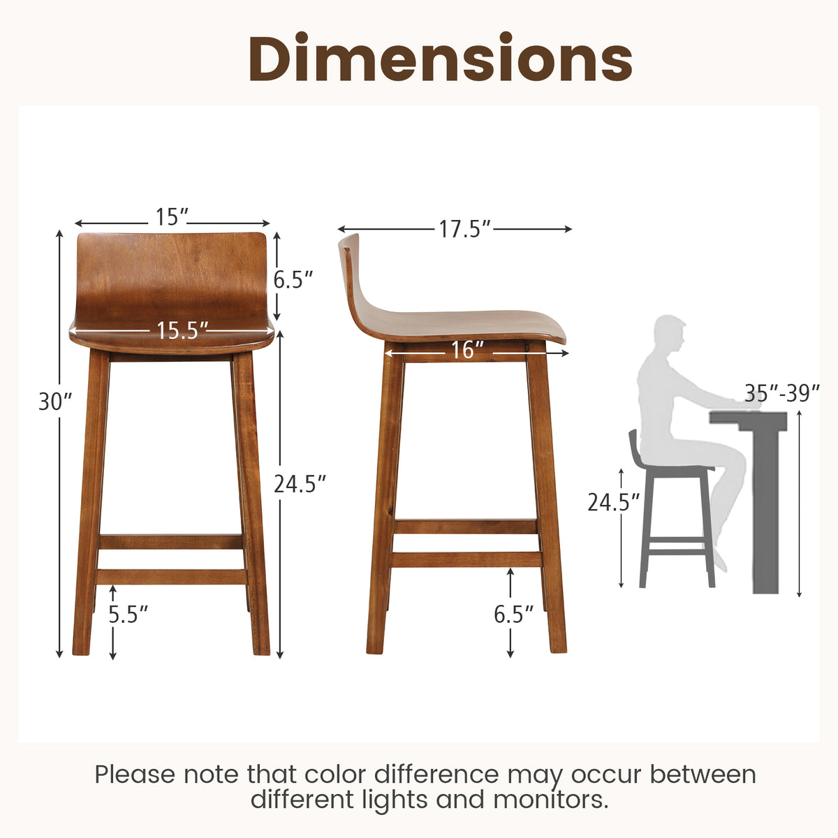 Wood Bar Stools Set of 2 with Back - 24 Inch, Brown
