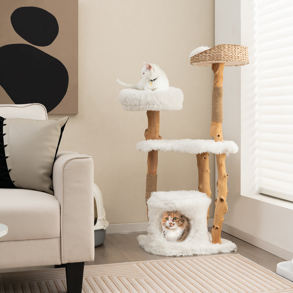 Solid Wood Cat Tower with Cat Bed and House - White Variation