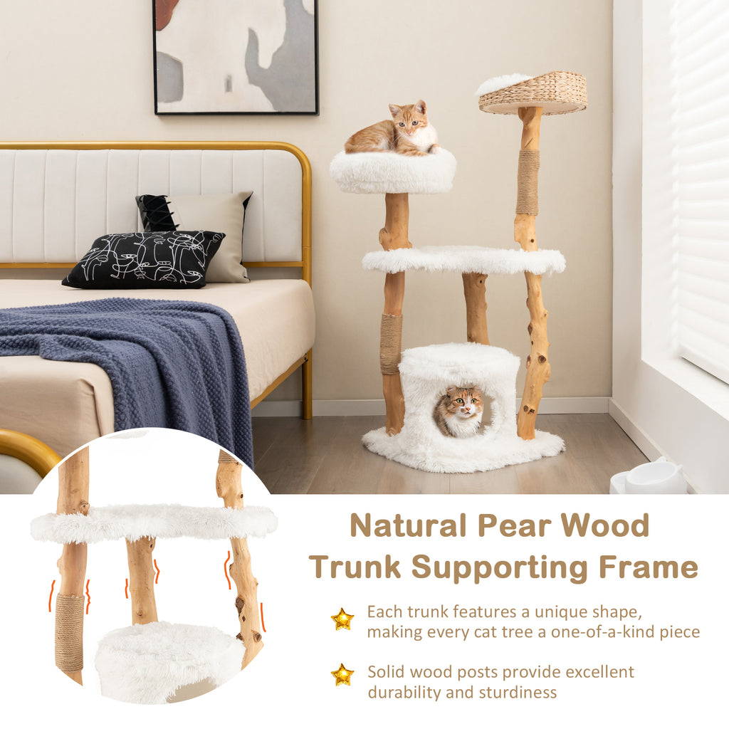 Solid Wood Cat Tower with Cat Bed and House - White Variation