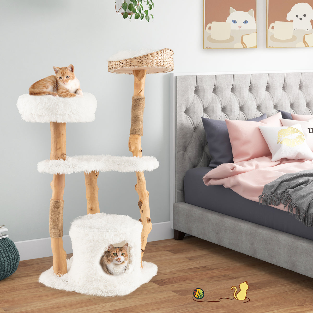 Solid Wood Cat Tower with Cat Bed and House - White Variation