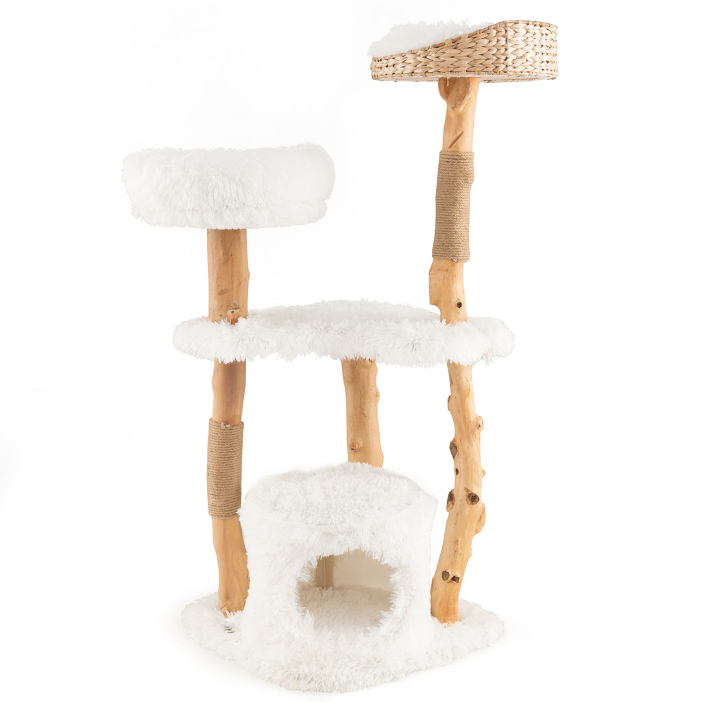 Solid Wood Cat Tower with Cat Bed and House - White Variation