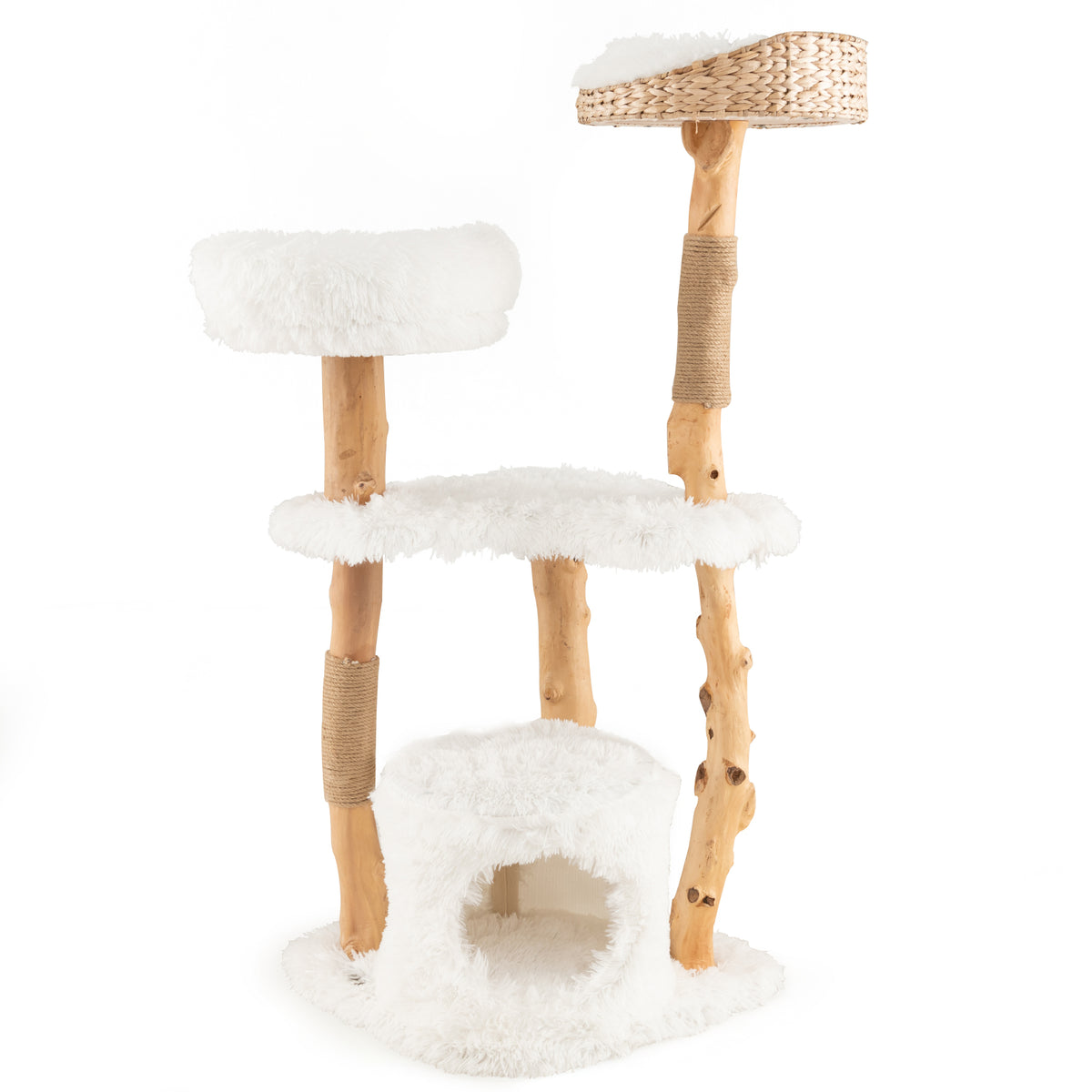 Solid Wood Cat Tower with Cat Bed and House - White Variation