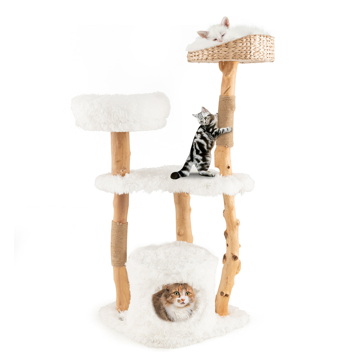 Solid Wood Cat Tower with Cat Bed and House - White Variation