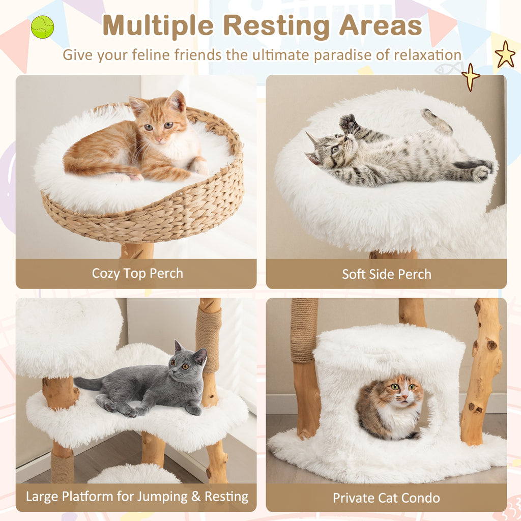 Solid Wood Cat Tower with Cat Bed and House - White Variation