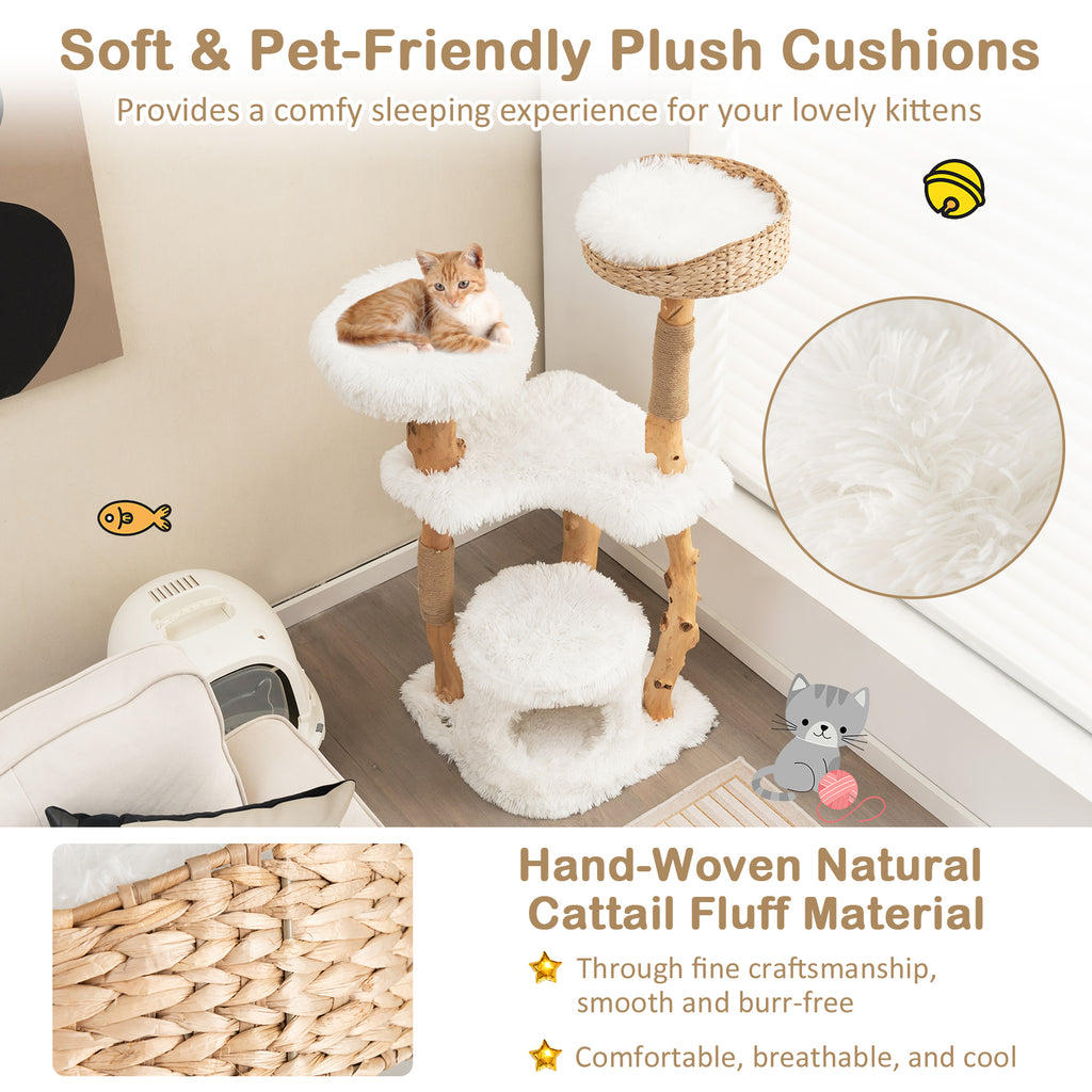 Solid Wood Cat Tower with Cat Bed and House - White Variation