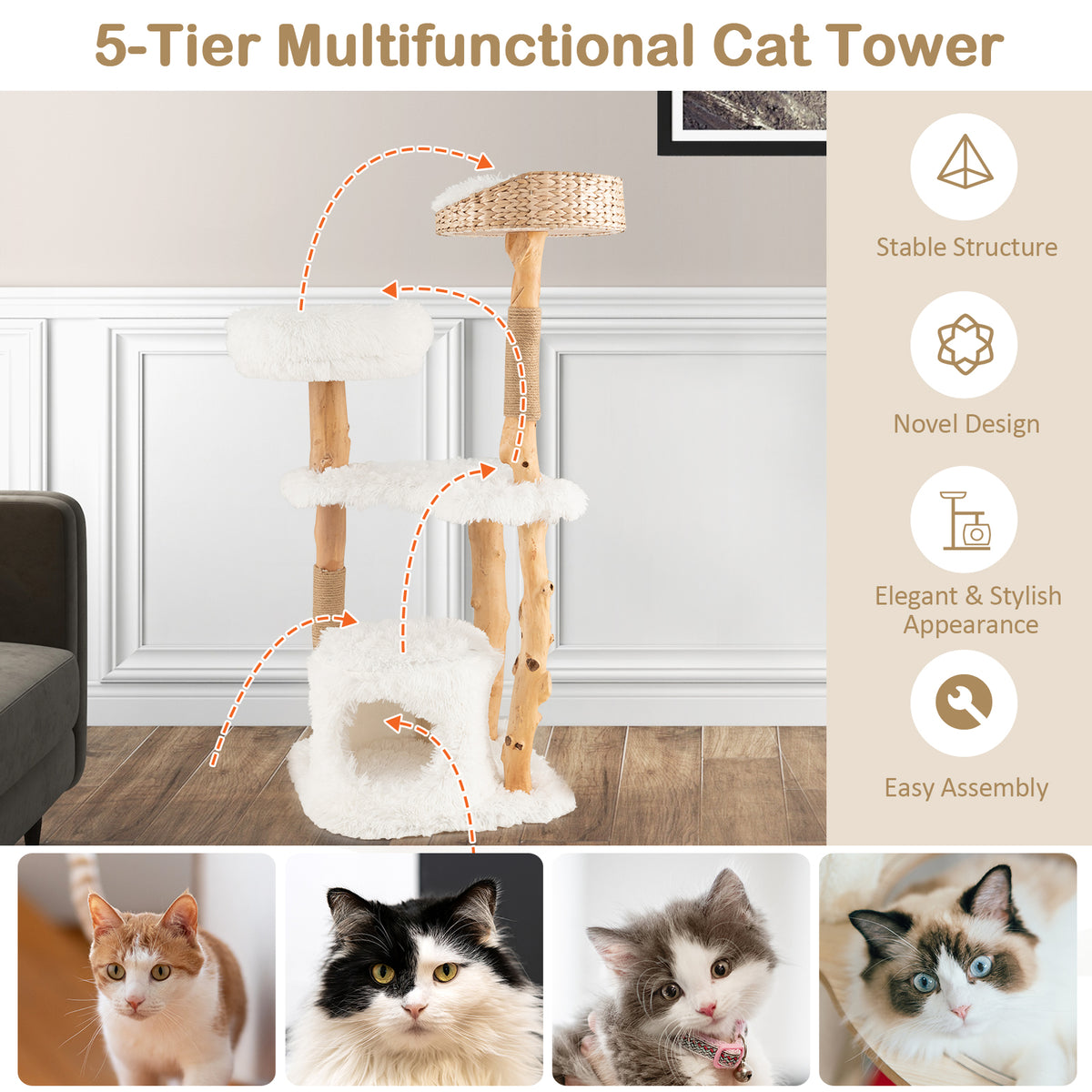 Solid Wood Cat Tower with Cat Bed and House - White Variation