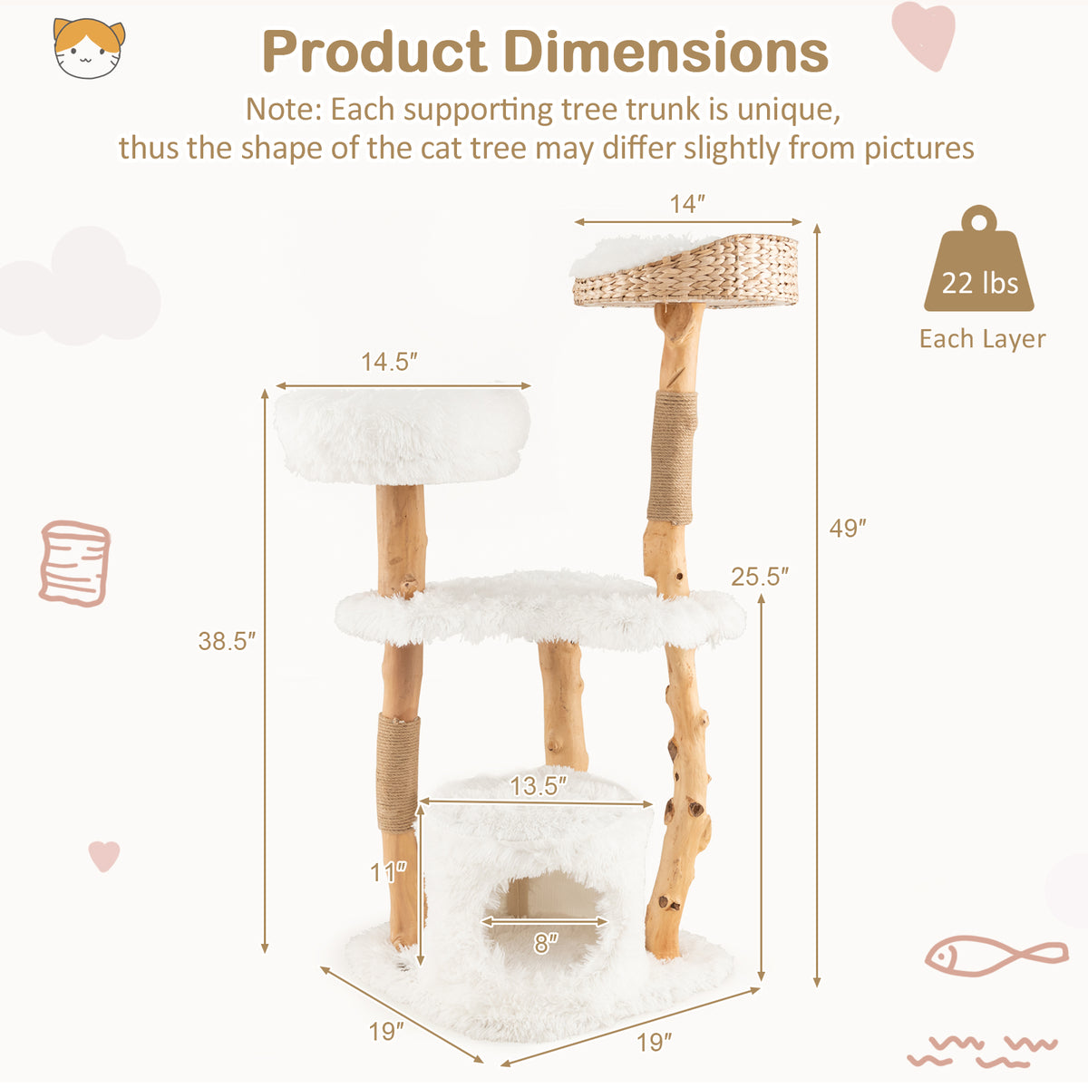Solid Wood Cat Tower with Cat Bed and House - White Variation