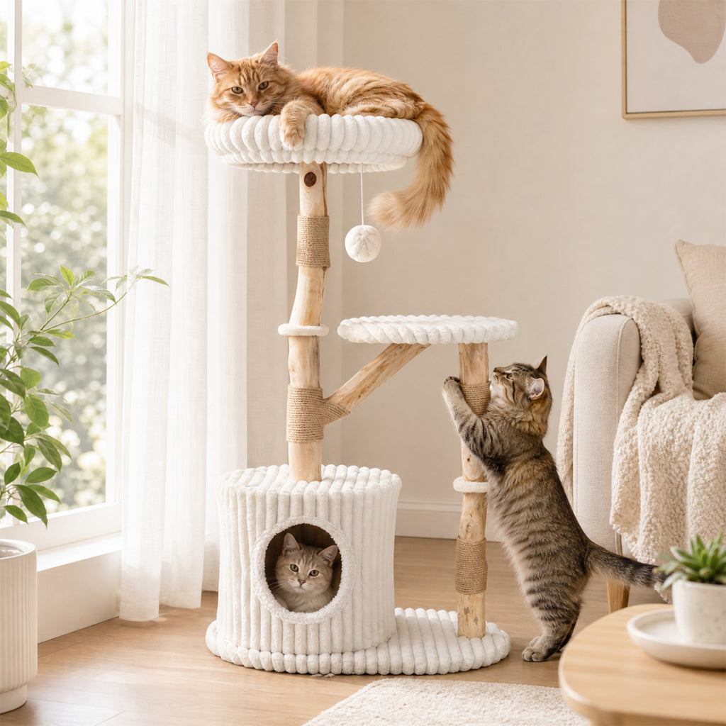Beige Solid Wood Cat Tree 41 Inch with Real Branches, Scratching Posts & Cozy Bed