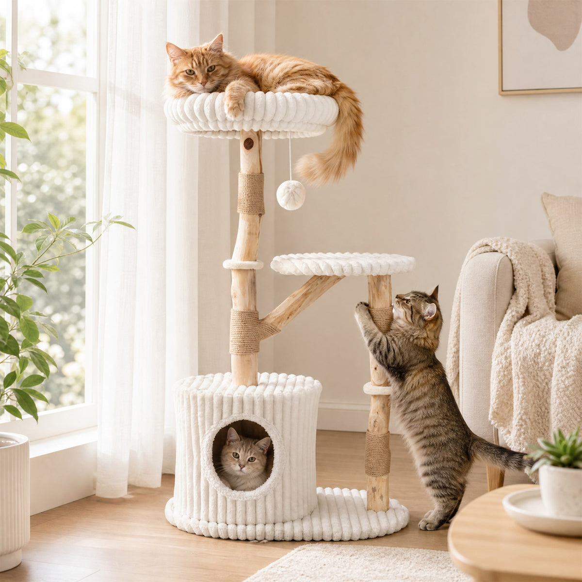 Beige Solid Wood Cat Tree 41 Inch with Real Branches, Scratching Posts & Cozy Bed