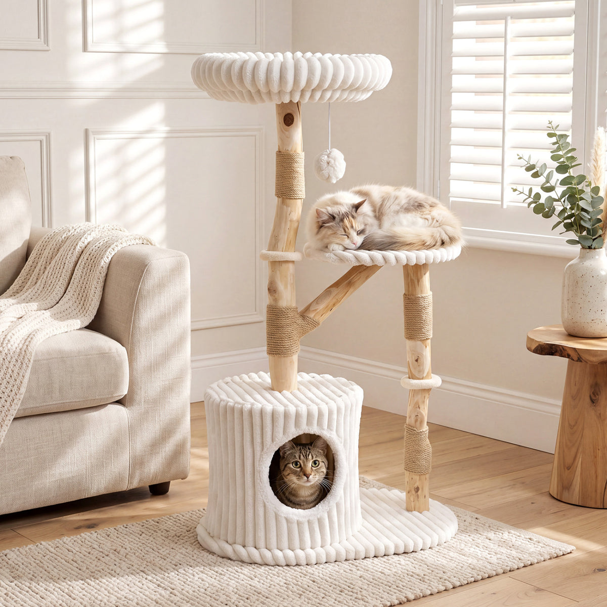 Beige Solid Wood Cat Tree 41 Inch with Real Branches, Scratching Posts & Cozy Bed