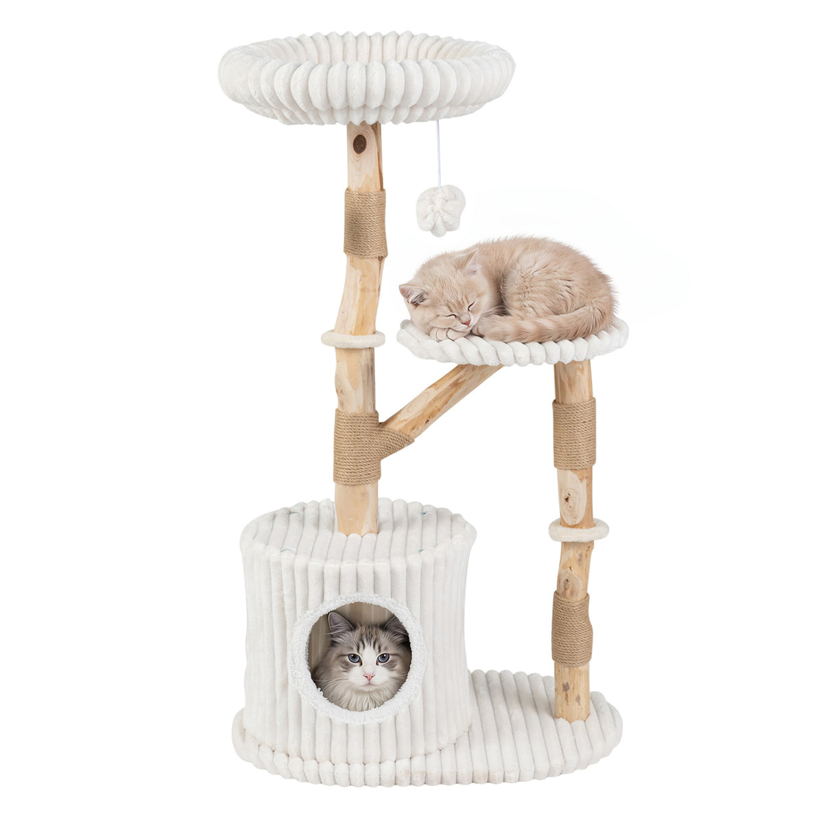 Beige Solid Wood Cat Tree 41 Inch with Real Branches, Scratching Posts & Cozy Bed