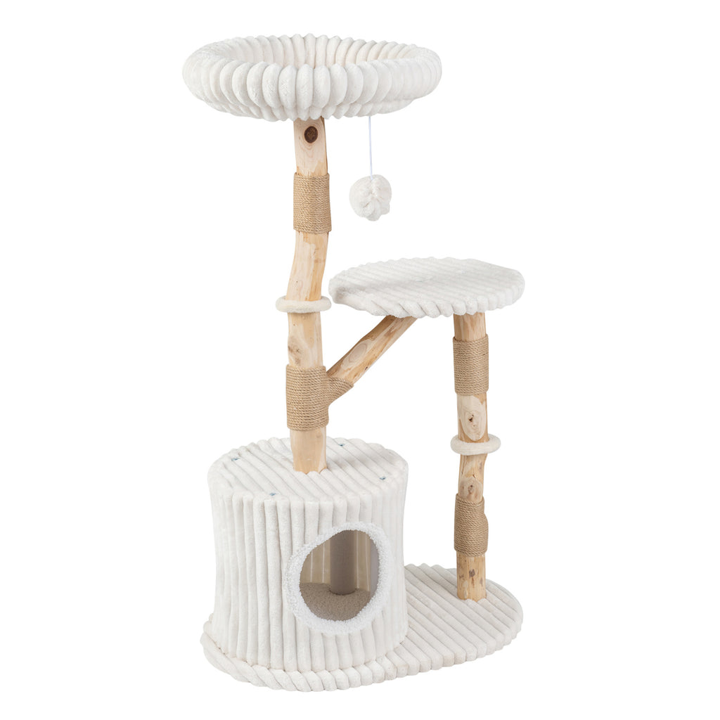 Beige Solid Wood Cat Tree 41 Inch with Real Branches, Scratching Posts & Cozy Bed
