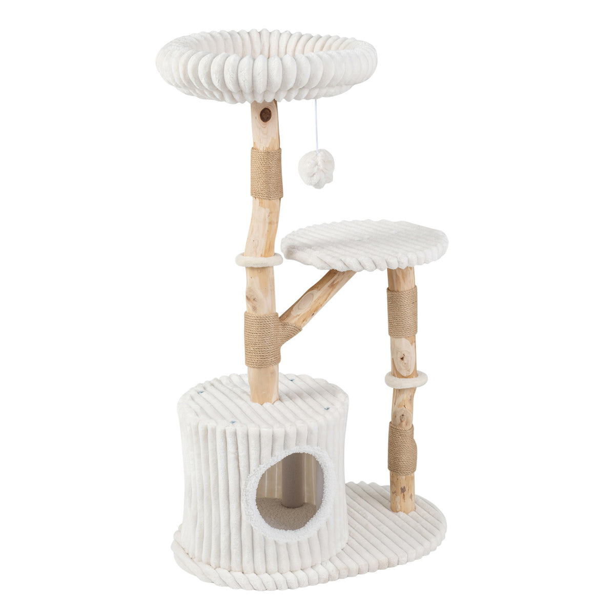 Beige Solid Wood Cat Tree 41 Inch with Real Branches, Scratching Posts & Cozy Bed